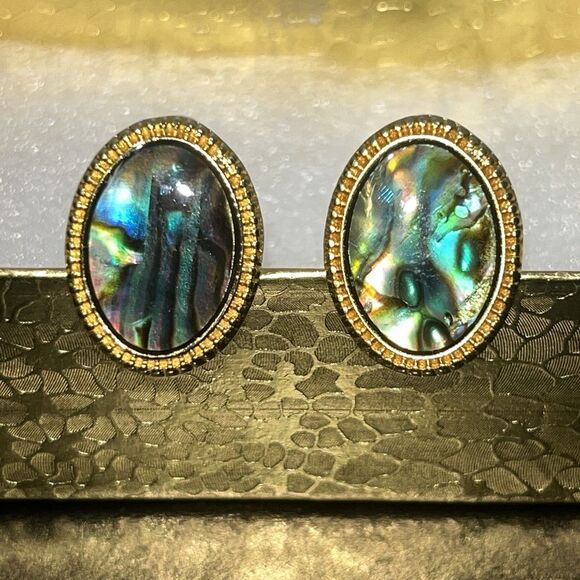 Vtg Gents Cufflinks Abalone Shell & Yellow Gold Plated Links MCM Retro Wedding - Picture 1 of 5